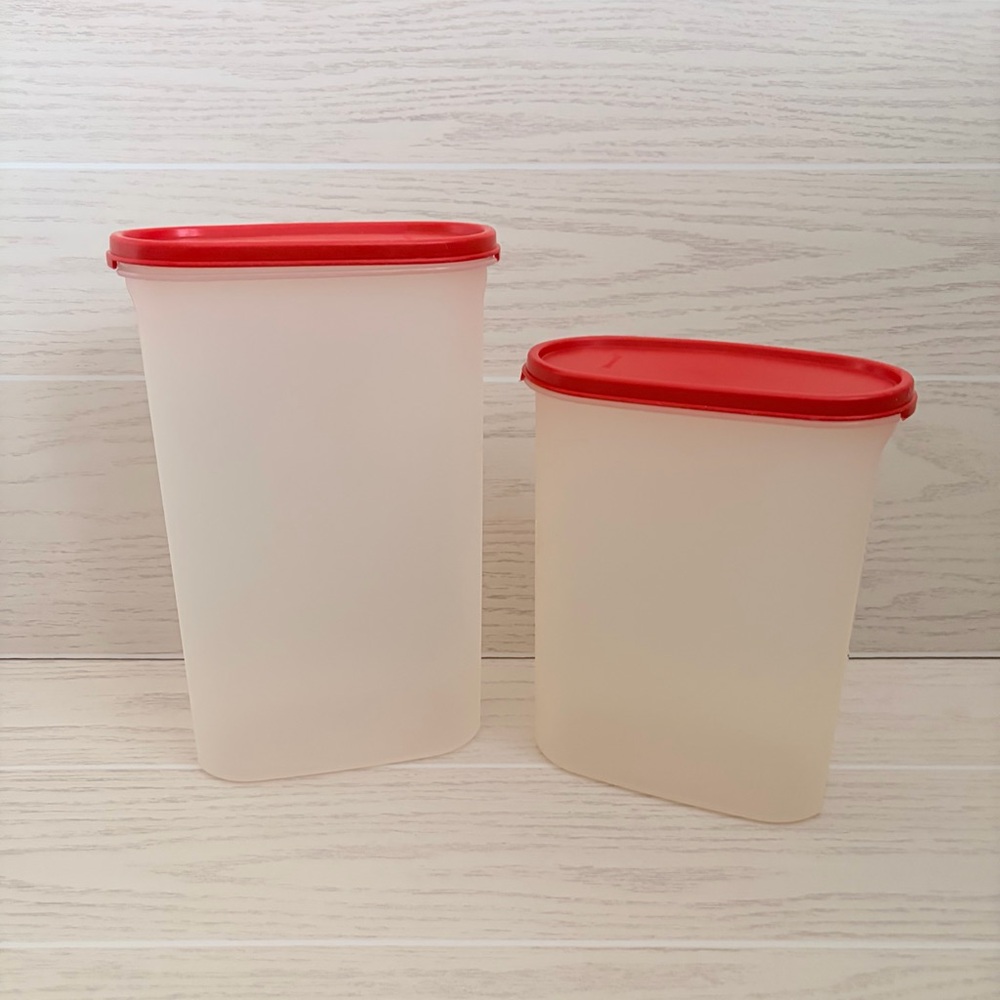 Vintage Tupperware Modular Mates Oval Set Red Lids 1615 1614 12-1/4 & 9-3/4 Cups